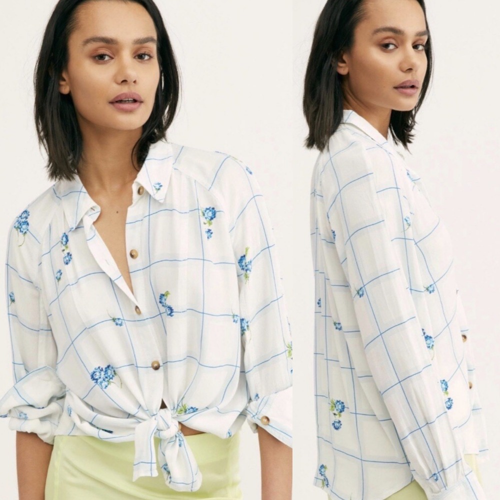 Free‎ People Floral Embroidered Button Up Top S White Viscose Windowpane Cottage